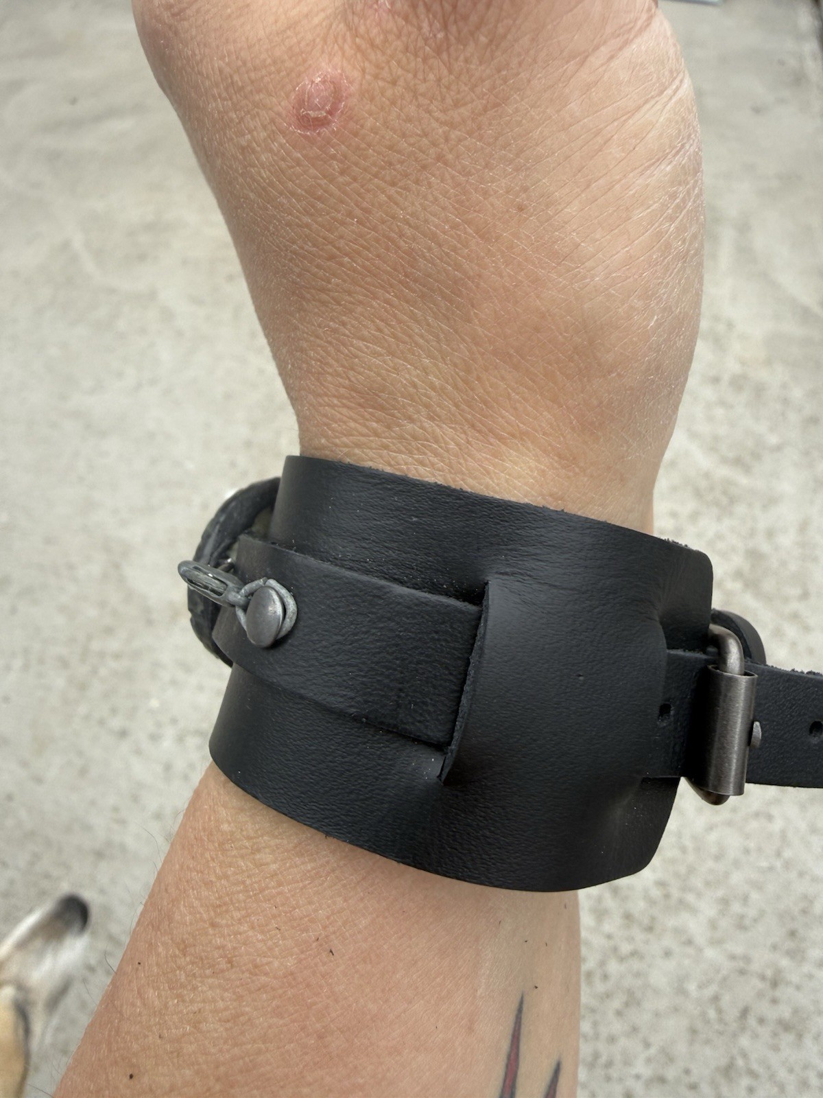 Black vegan Leather Wide Cuff Bracelet w/ Buckle Closure, Adjustable labradorite