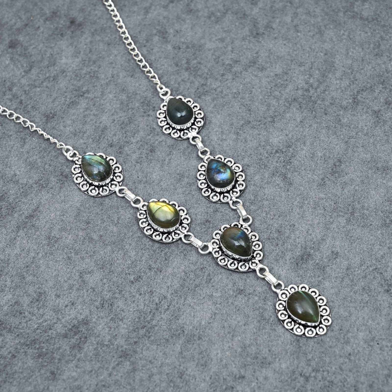 Silver Plated Labradorite Y-Necklace | Multi-Stone Milgrain Cabochon | Artisan