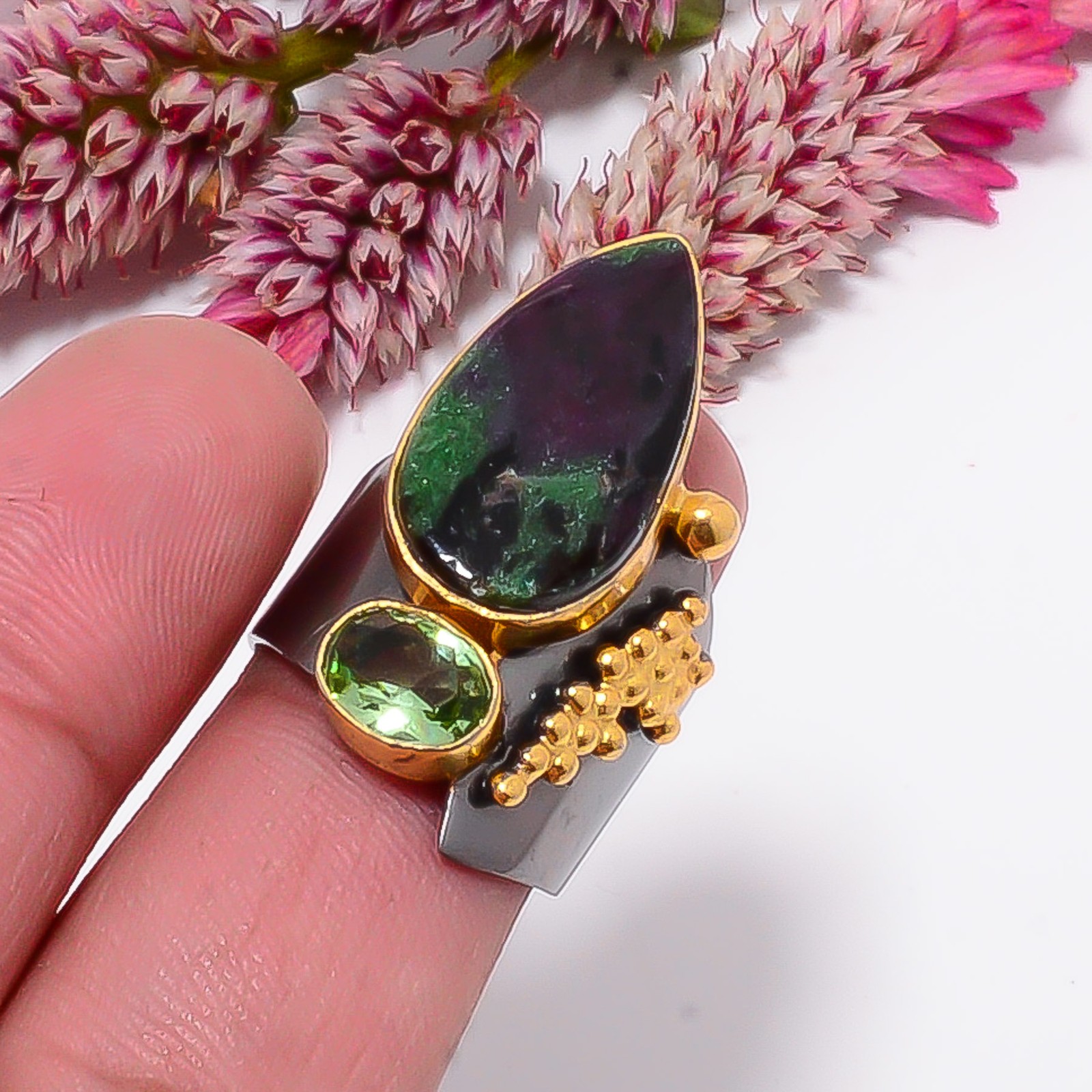 Natural Ruby With Zoisite, Green Amethyst 925 Sterling Silver Ring s.7 Sku13