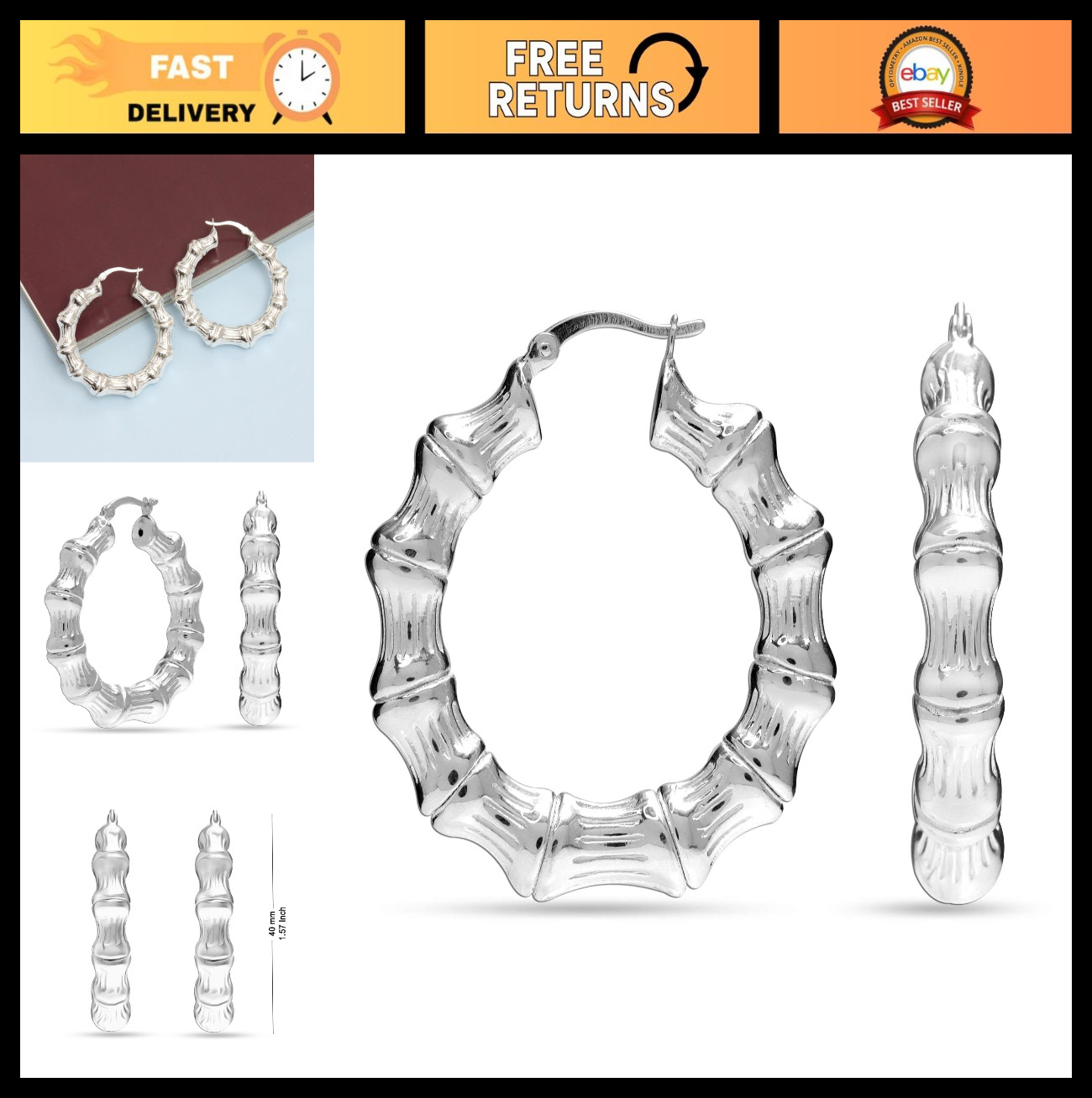 Bamboo Hoop Earrings for Women | 925 Sterling Silver Geometric Round Hoops | Gif