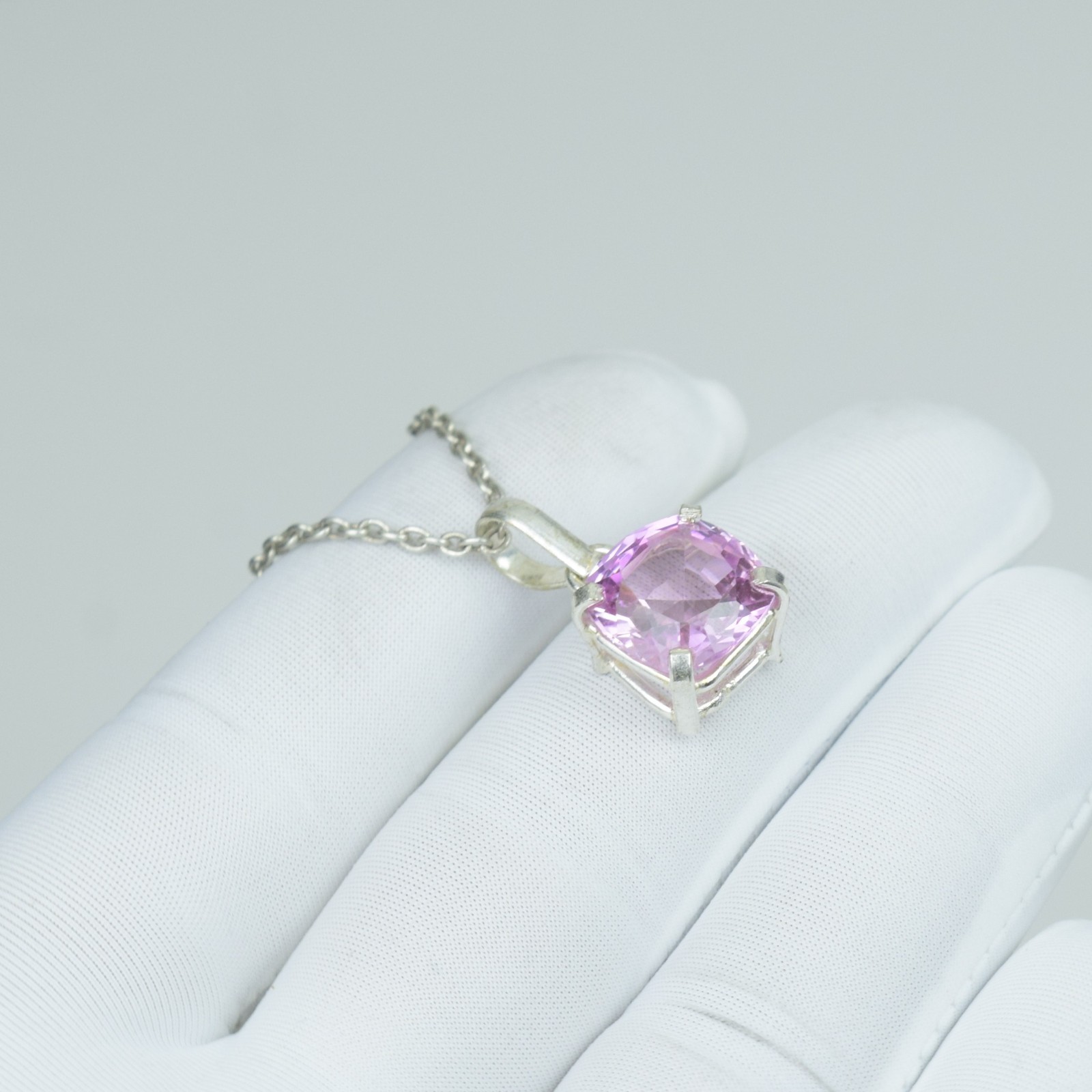 Pink Kunzite Necklace Cushion Cut Jewelry, 16Ct Sterling Silver Teardrop Pendant