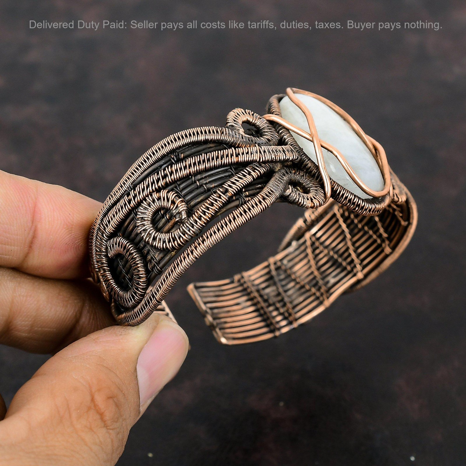 Black Friday Sale Copper Rainbow Moonstone Stone Wire Wrapped Wife Cuff Bracelet