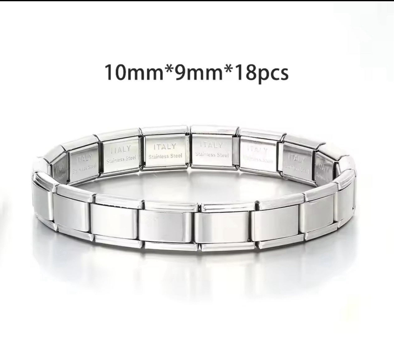Italian modular stainless steel adjustable charm bracelet, 9mm, silver