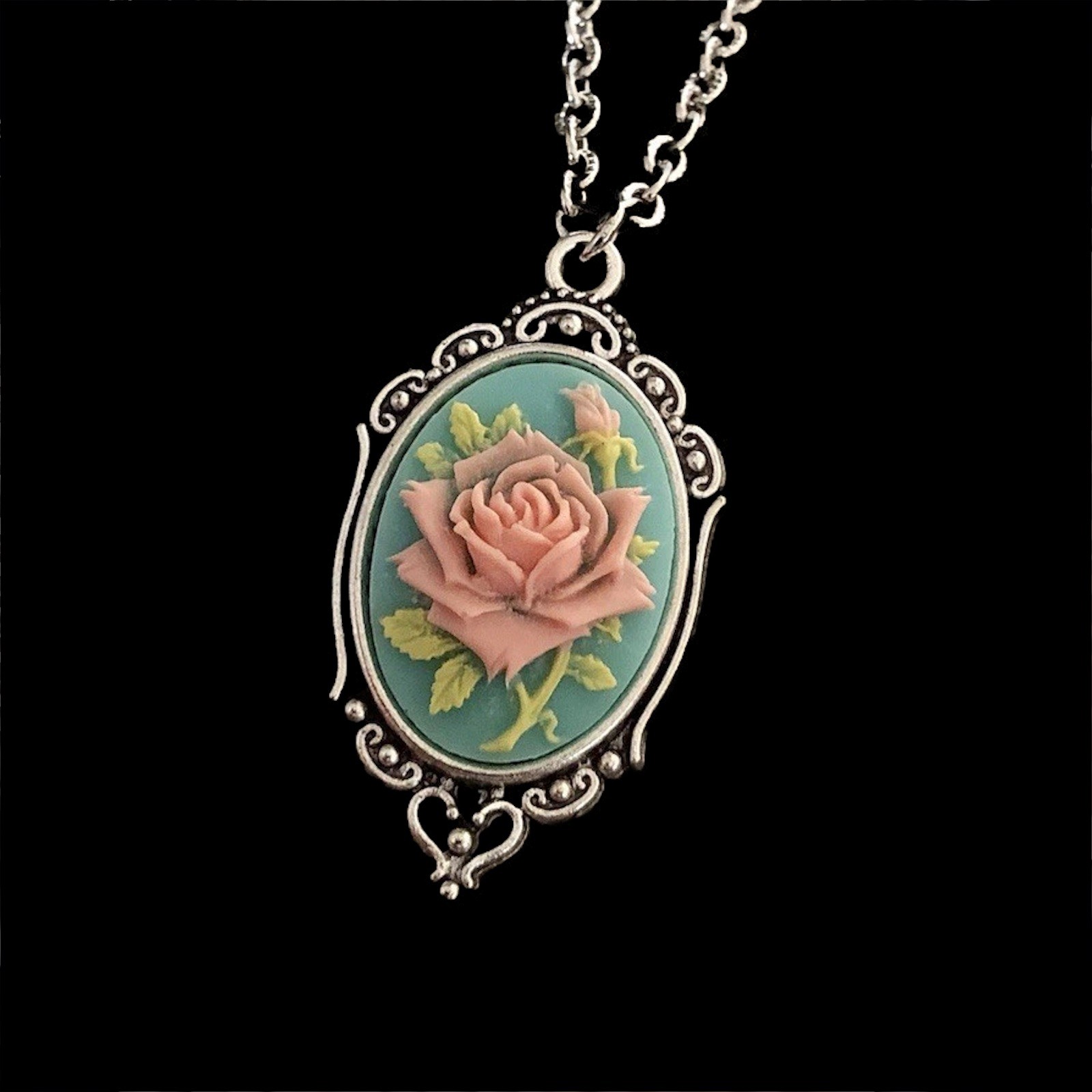 Pink on Aqua Blue ROSE Cameo Necklace Vintage Pendant, Any Length Chain