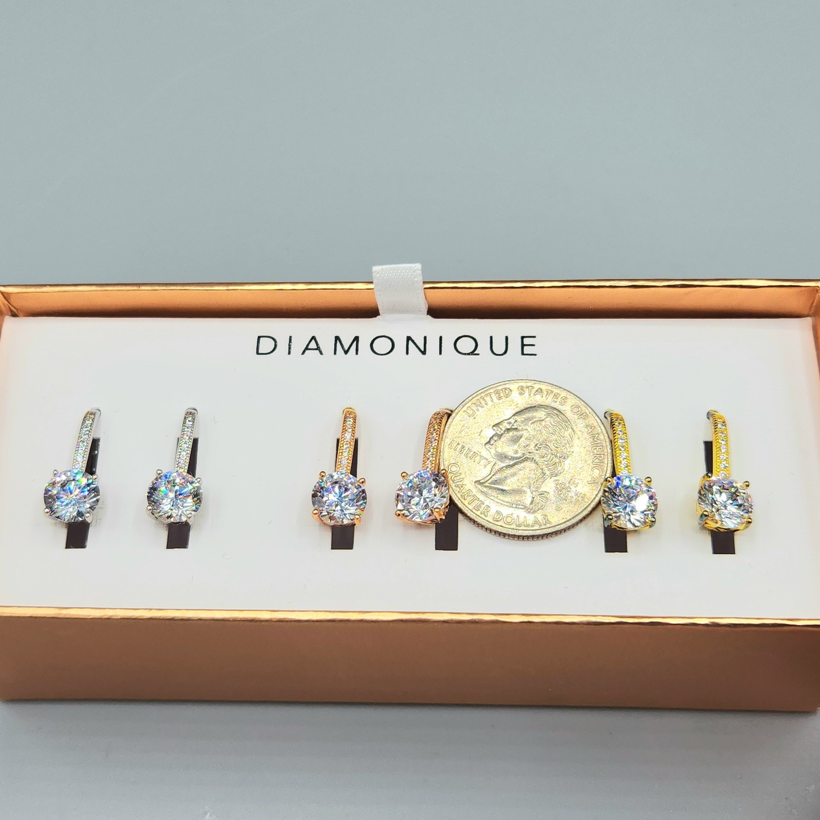 NIB 3 Pair Diamonque CZ Tri Color Gold Clad Sterling Silver Leverback Earrings