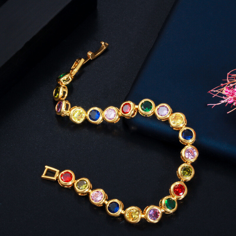 Gorgeous Gold Plated Colorful Round Cubic Zirconia Tennis Bracelet Women Jewelry