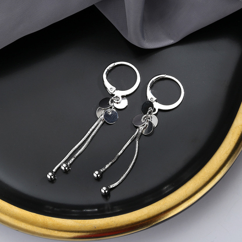 Women 925 Silver Plated LeverBack Earrings Tassel Disc Chain Drop Hoop TH4