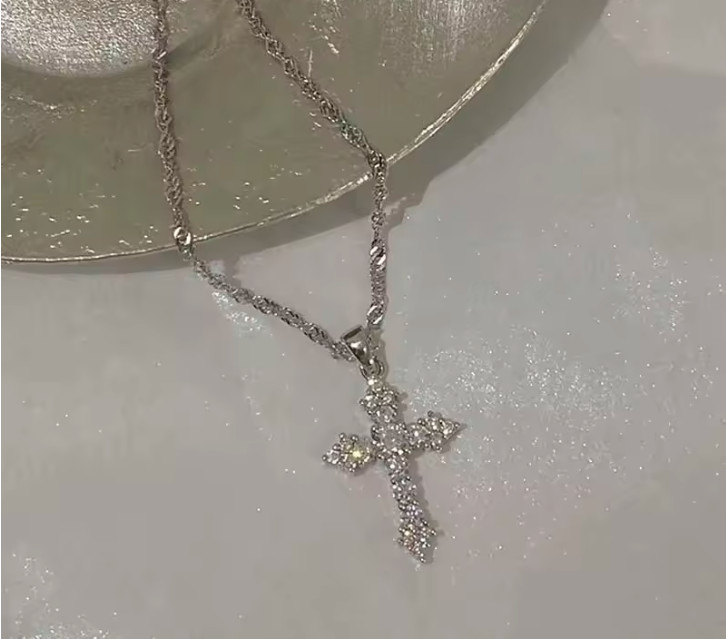 Cross Necklace Women’s Silver Tone Sparkling Shiny Religious Jewelry Delicate