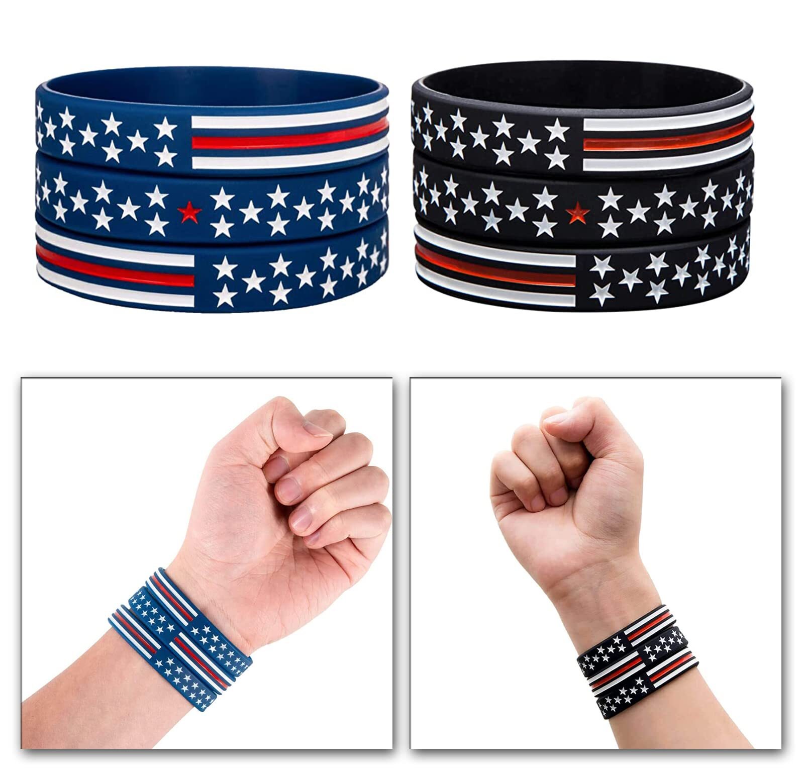 10 Pack American Flag Bracelets -Thin Red Line Silicone Rubber Wristband