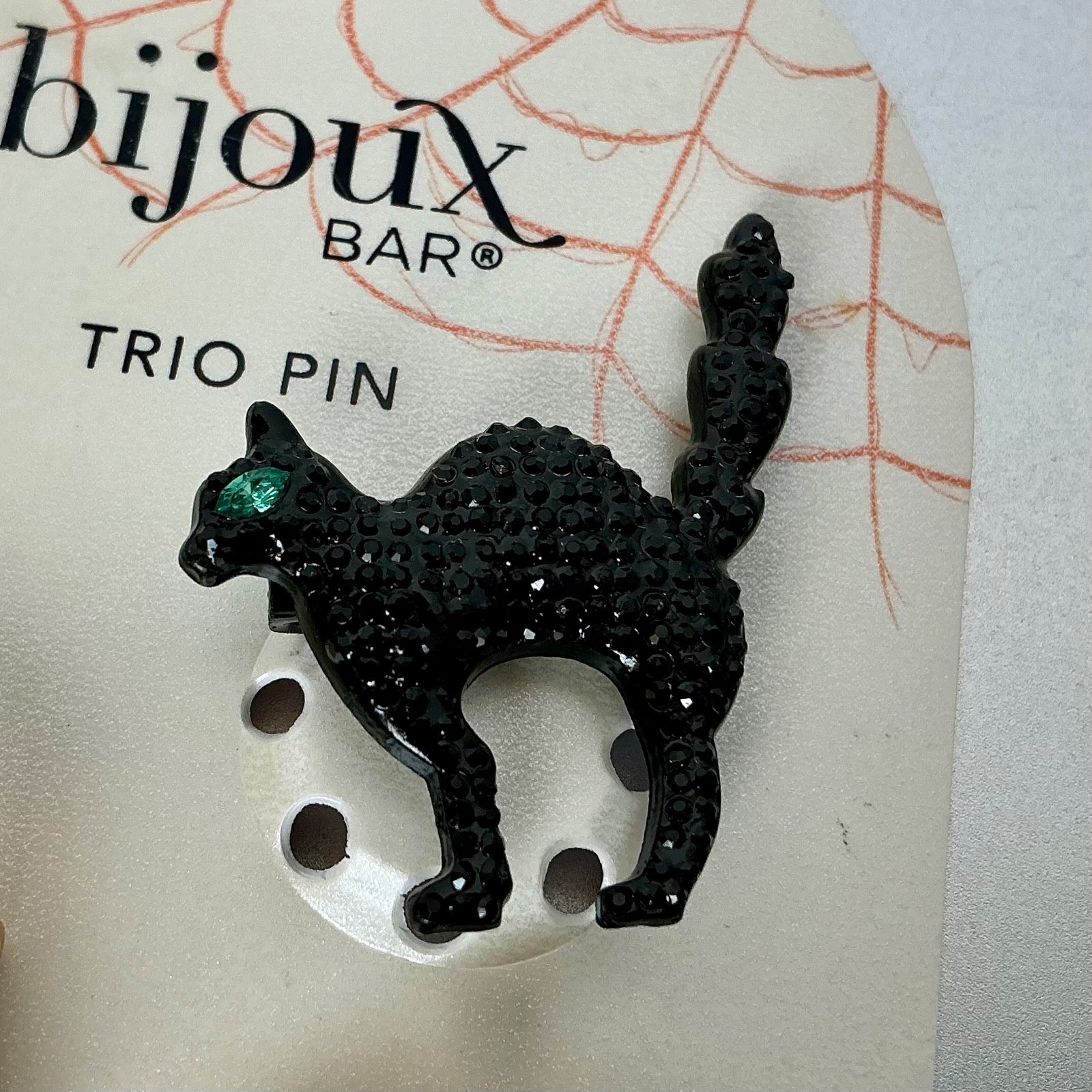 Halloween Rhinestone Pin Trio Black Cat Pumpkin Ghost Bijoux Bar NEW ON CARD