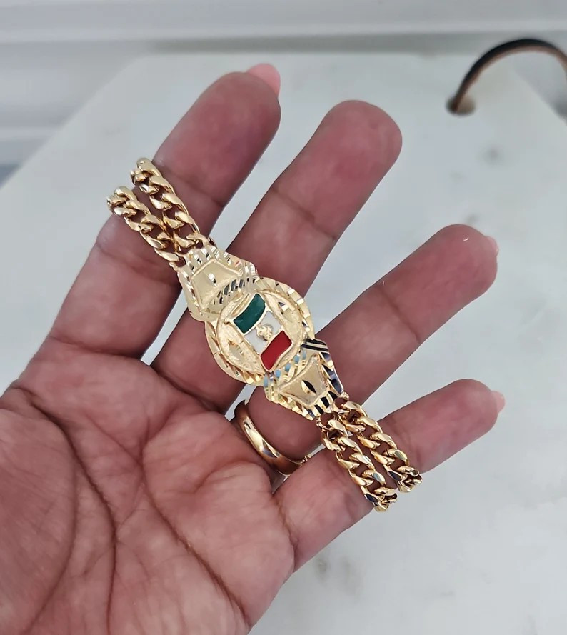 Gold Mexico Bracelet, Gold Mexican Flag Bracelet, 14k Heavy Plated Gold