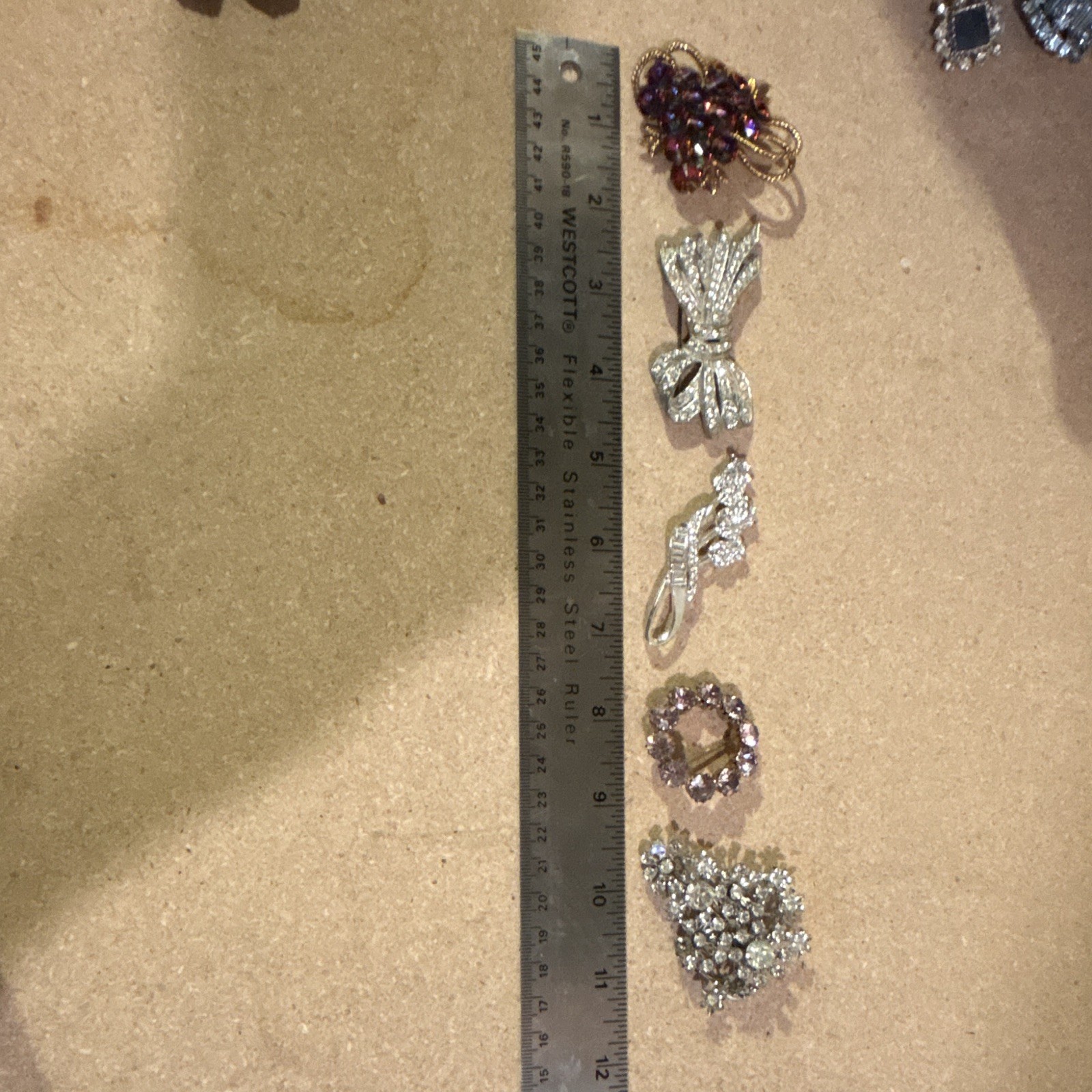Lot of 5 Brooch Pins Rhinestone Metal Silver Tone