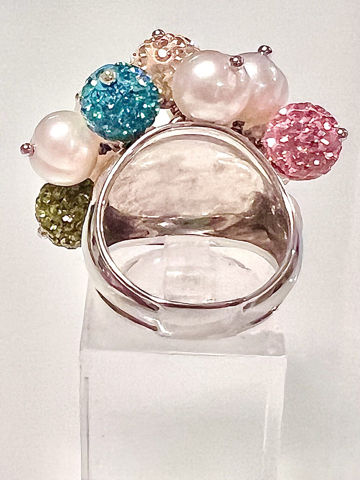 ROSS SIMONS~925 SS PEARLS W COLORED CRYSTAL BALL CLUSTER RING~SZ 7.25~15.7G