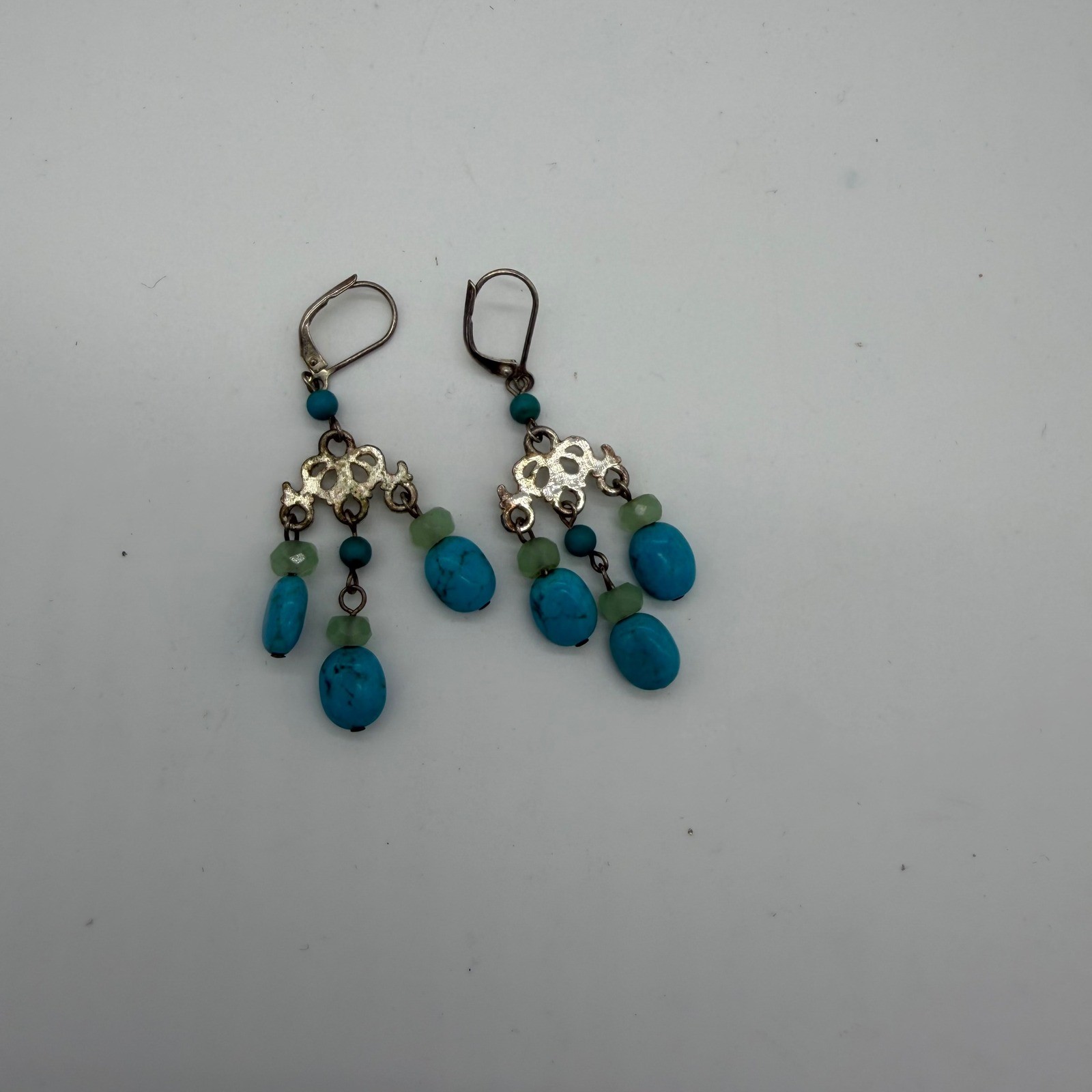 Barse Turquoise and Green Stone Chandelier Dangle Earrings Lever Back Silver