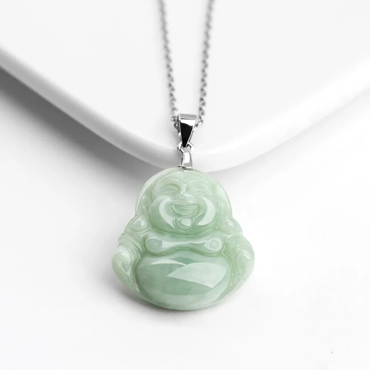 Grade A Natural Jadeite Green Jade Handcarve Maitreya Buddha Pendant Necklace