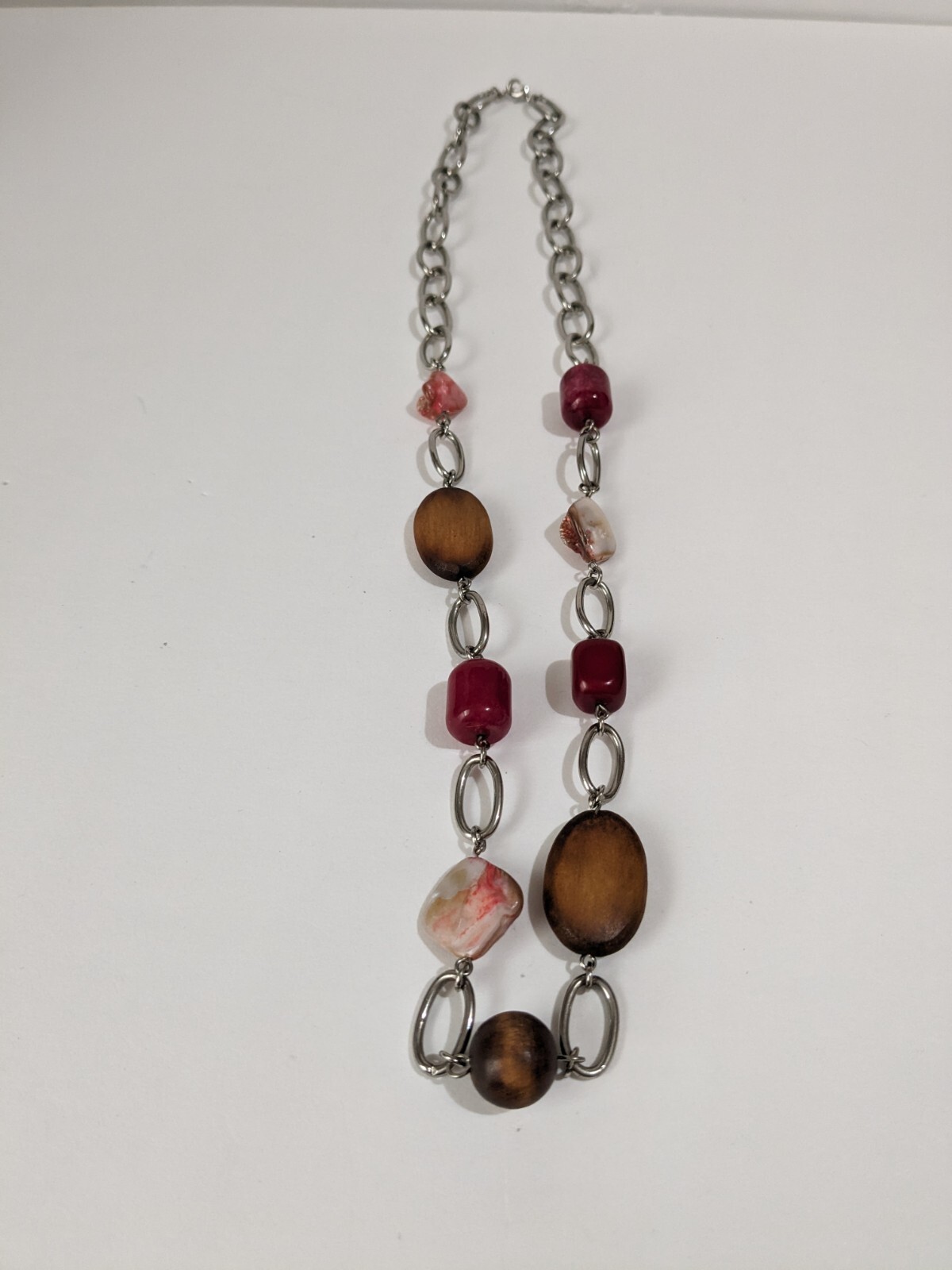 Multicolor Agate, Shell And Wood Beads Silver Tone BOHO Necklace. Unique. 28″.