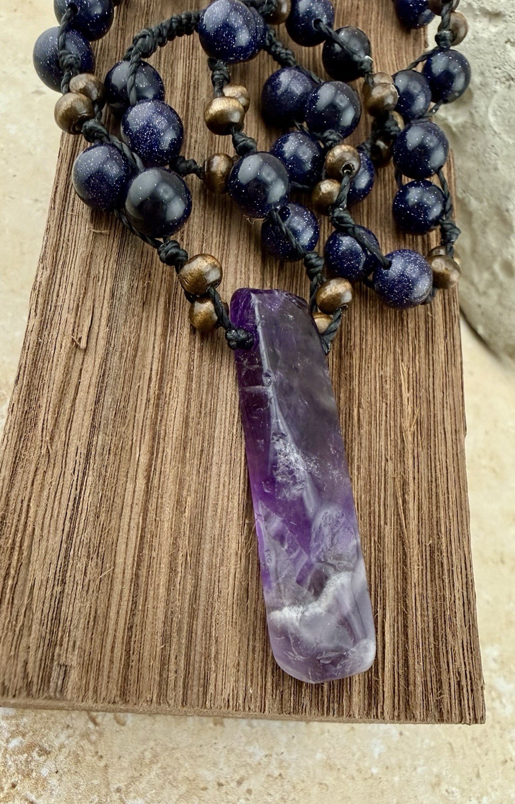 Amethyst Pendant w/ Blue Goldstone Crystal Necklace. USA Artisan ElyriesEmbers