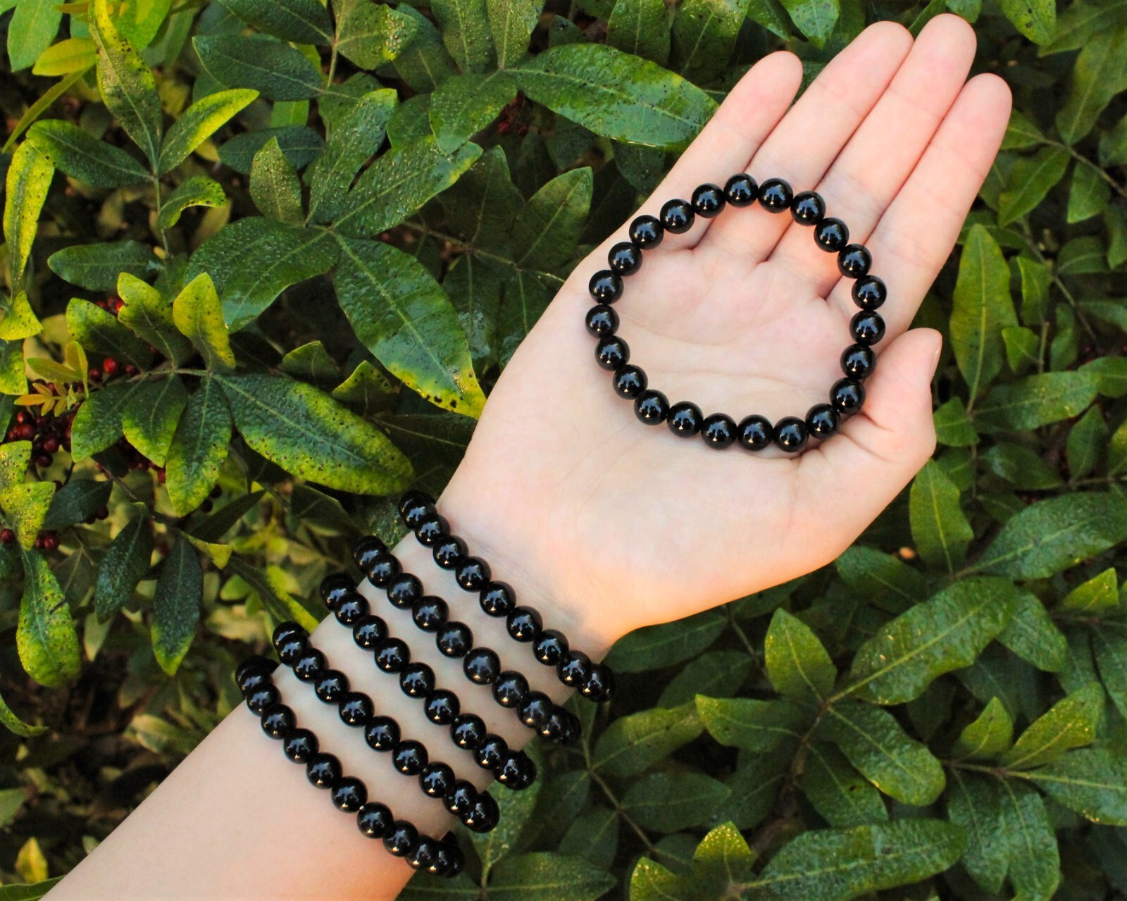 Black Obsidian Bead Bracelet: 8 mm Round Crystals (Obsidian Stretch Bracelet)