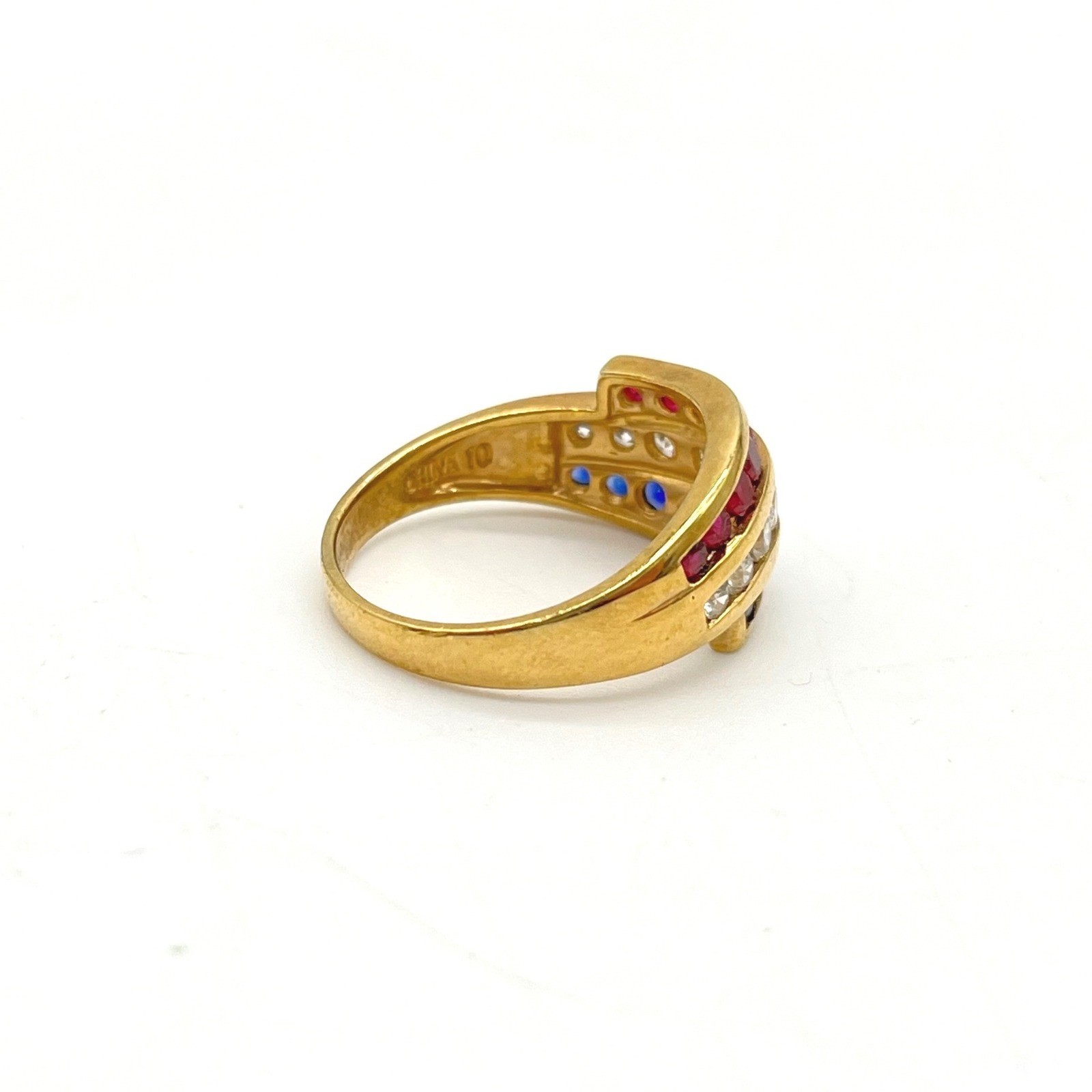 Gold Vermeil Sterling Silver Red White Blue Channel Set Triple Row Ring Size 10