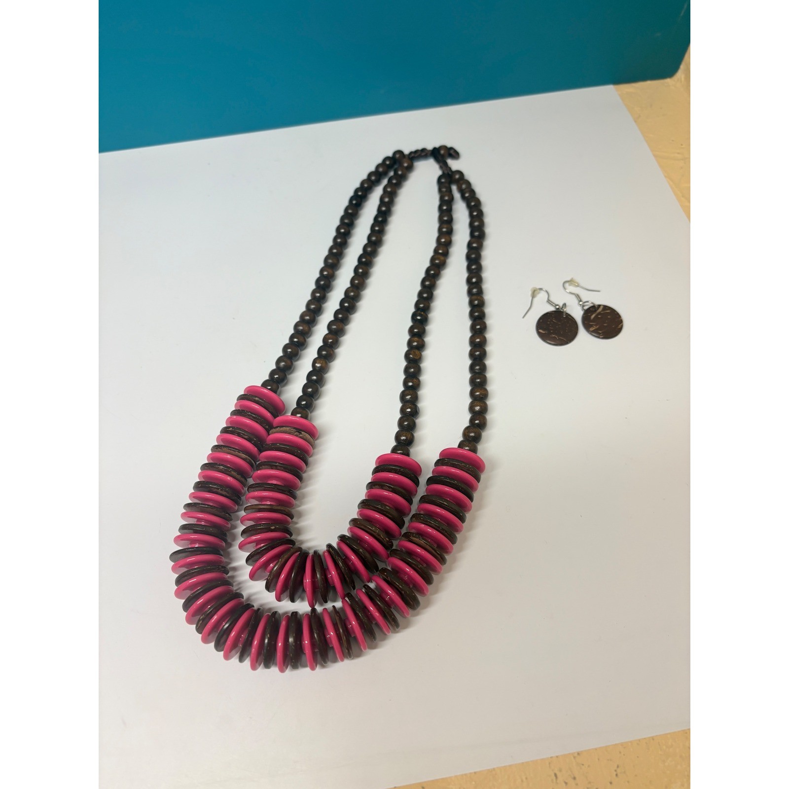 Pink Brown Wood Bead Double Strand Necklace and Disc Earring Set Boho Tropical