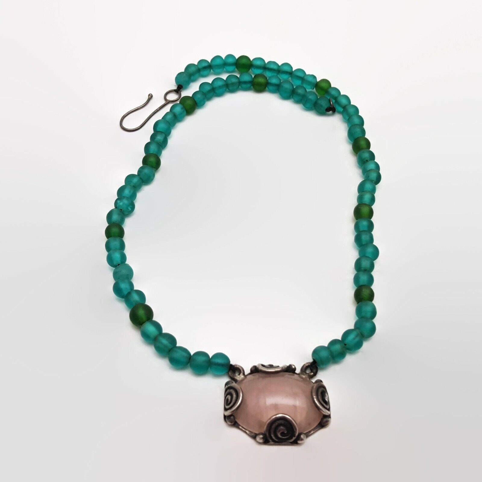 Sterling Silver Rose Quartz Frosted Green Glass Bead Necklace