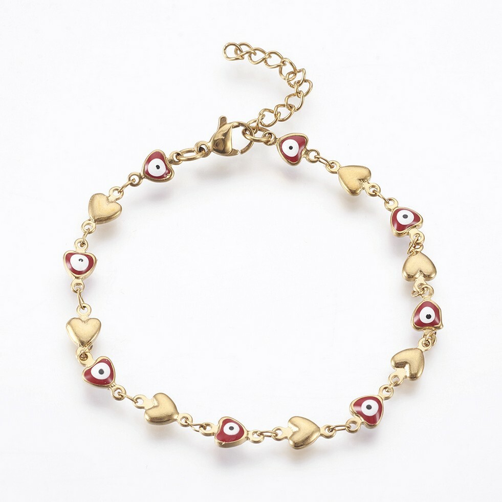 Stainless Steel Bracelet Enamel Lobster Heart Evil Eye Red Green Yellow 7″ P245