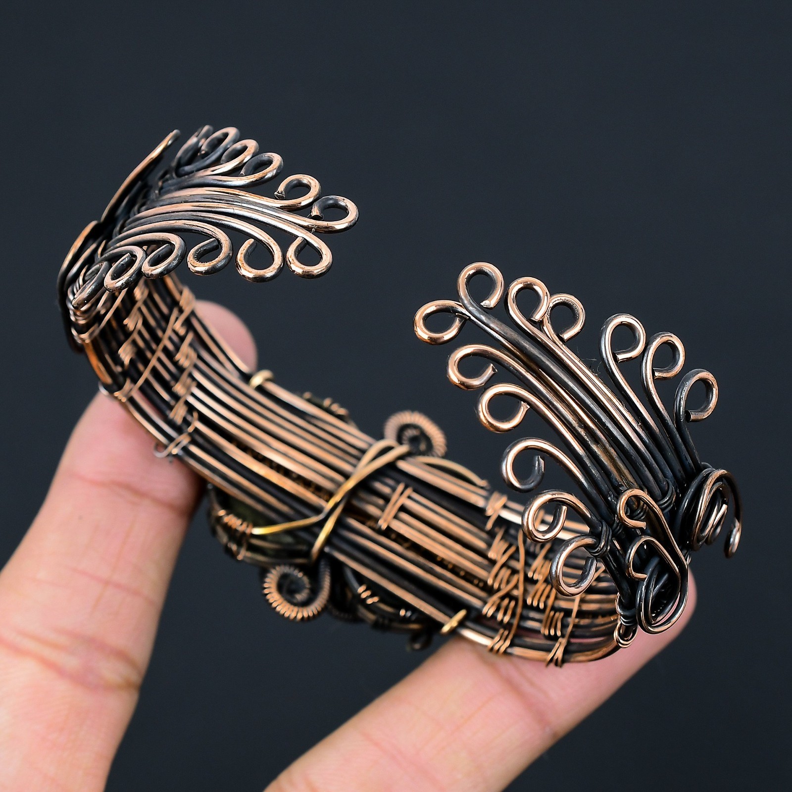 Black Tourmaline Gemstone Handmade Copper Wire Jewelry Adjustable Bracelet Cuff