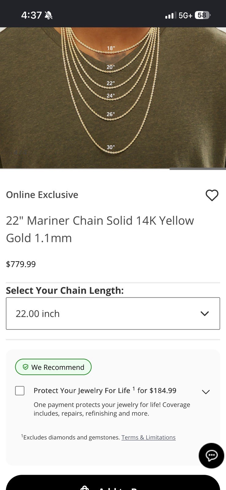 14k gold solid 1.1mm mariner chain 22”