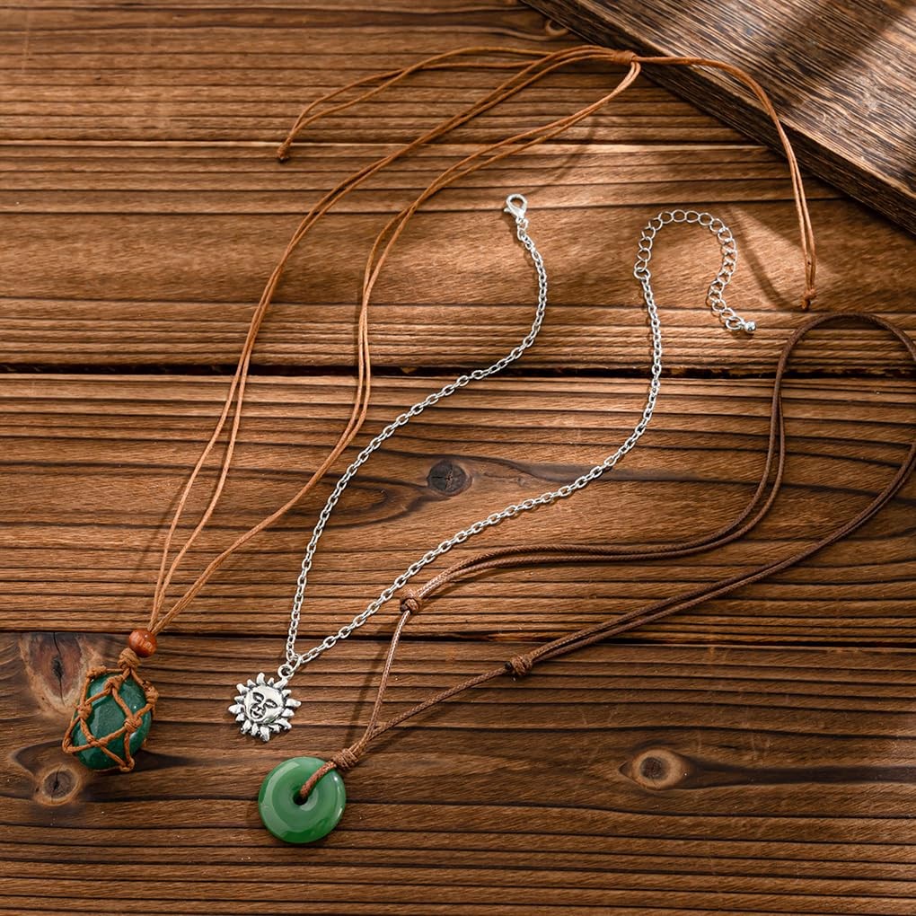 FUTIMELY Layered Green Stone Pendant Necklace Set,Bohemia Brown Small,