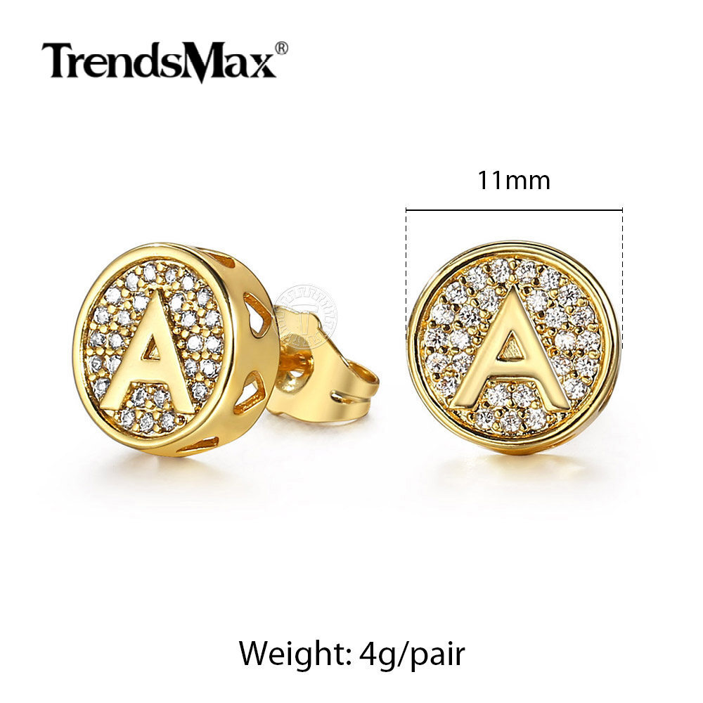 Gold Plated CZ Initial Letter A-Z Stud Earrings Crystal Alphabet for Women Men