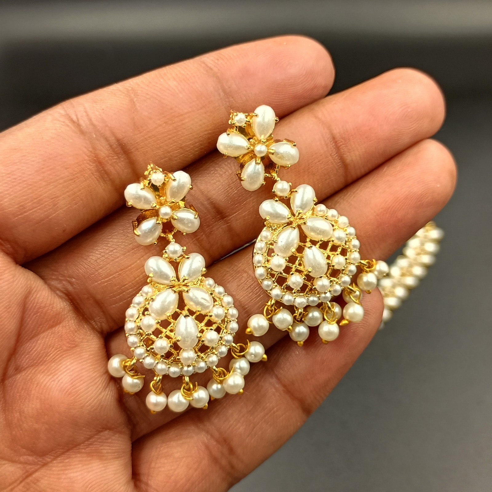 Vintage White Pearl Necklace Set 22K Gold Plated Chain Earrings Bridal Gift