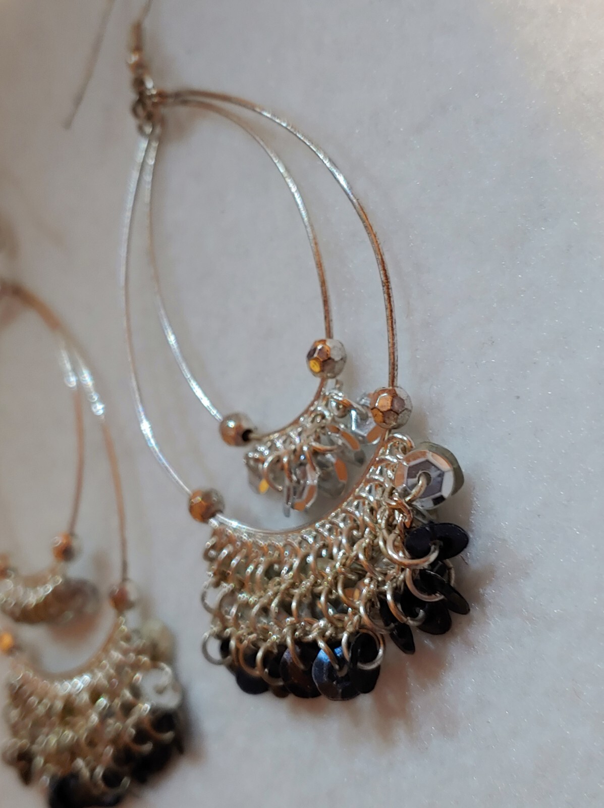 Pierced Earrings Silvertone Dangling Double Teardrop chain beaded as seen in pic