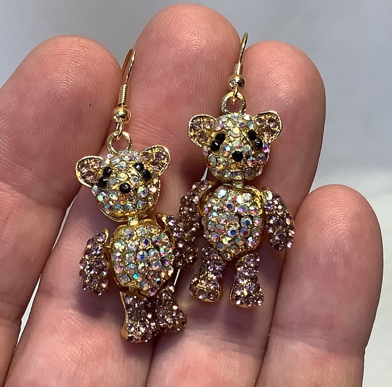 Adorable Gold Tone & Pink Rhinestone Articulated Teddy Bear Necklace & Earrings