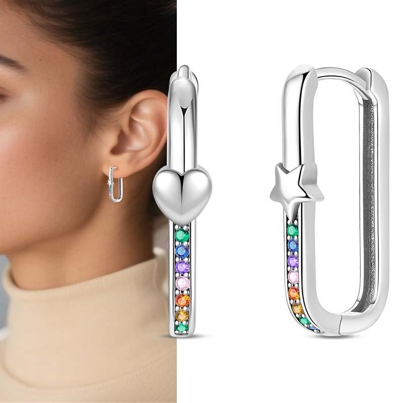 PANDACH 925 Sterling Silver Square Hoop Earrings with Colorful Cubic Zirconia