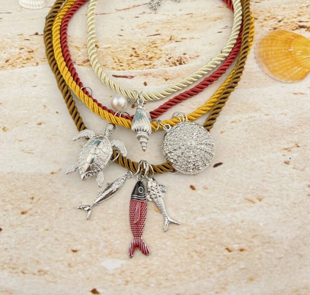 Set of Necklaces Conch Shells Pearl Turtle Fish Braided Cord Gold Tone Charms