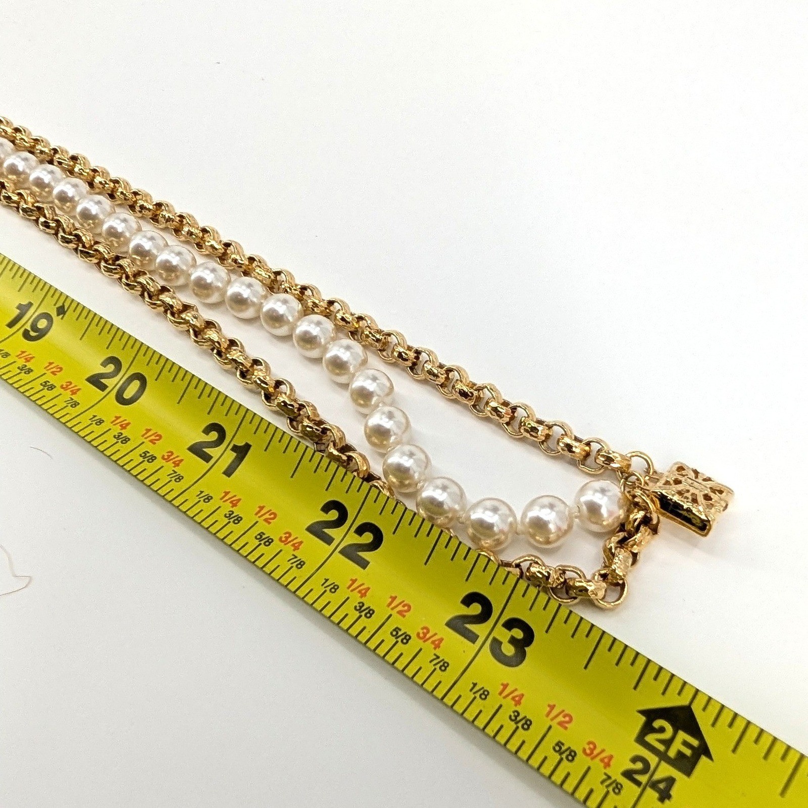 Triple Strand Faux Pearl Gold Tone Rolo Chain Necklace Filigree Clasp 23″
