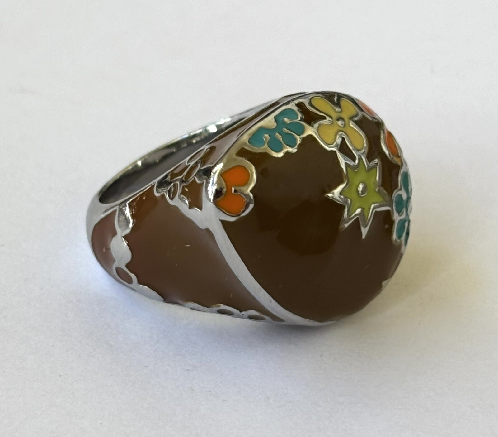 Heavy Ring Brown Enamel Hippies Flowers Stainless Steel Good Quality Size 7