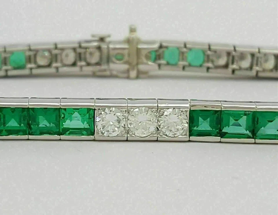 7Ct Round Cut Simulated Diamond & Emerald Tennis Bracelet 14K White Gold Plated