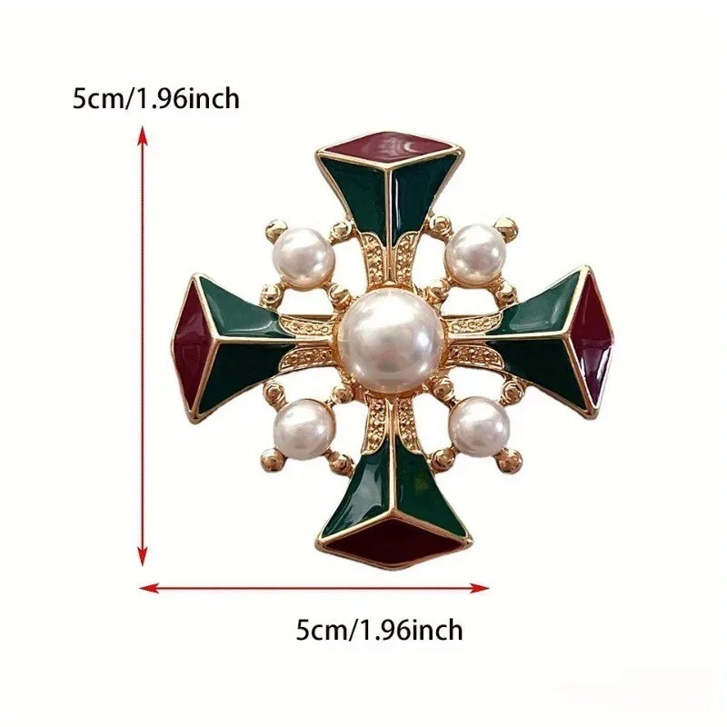 Vintage Baroque Cross Brooch Pin Court Style Enamel Pearl Corsage Unisex Jewelry