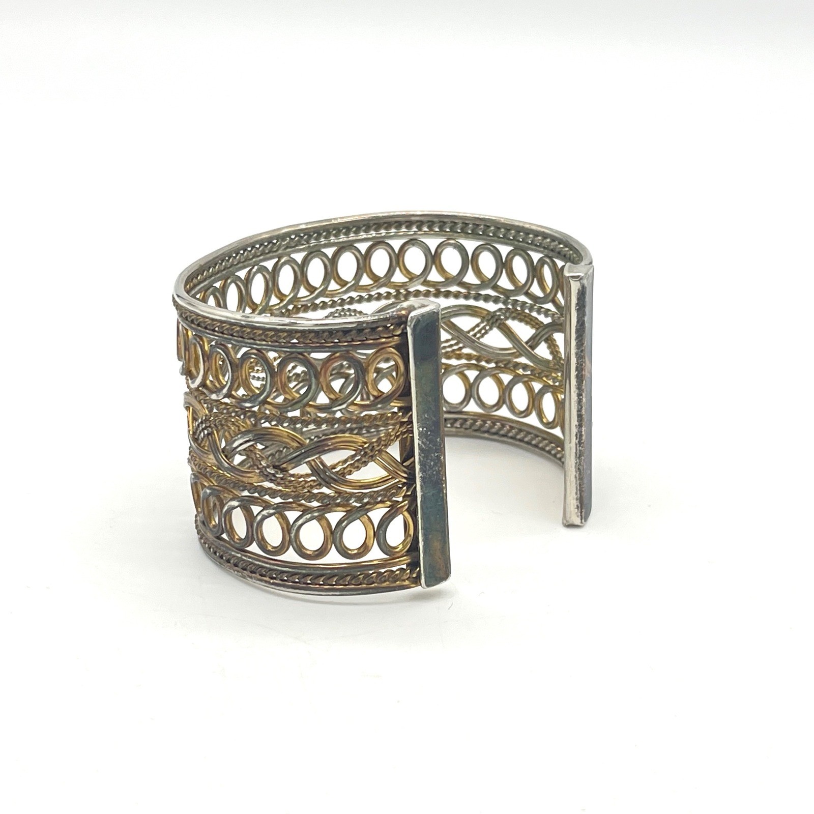 Mixed Metal Filigree Cuff Bracelet Two Tone Woven Braided Wide Statement Boho