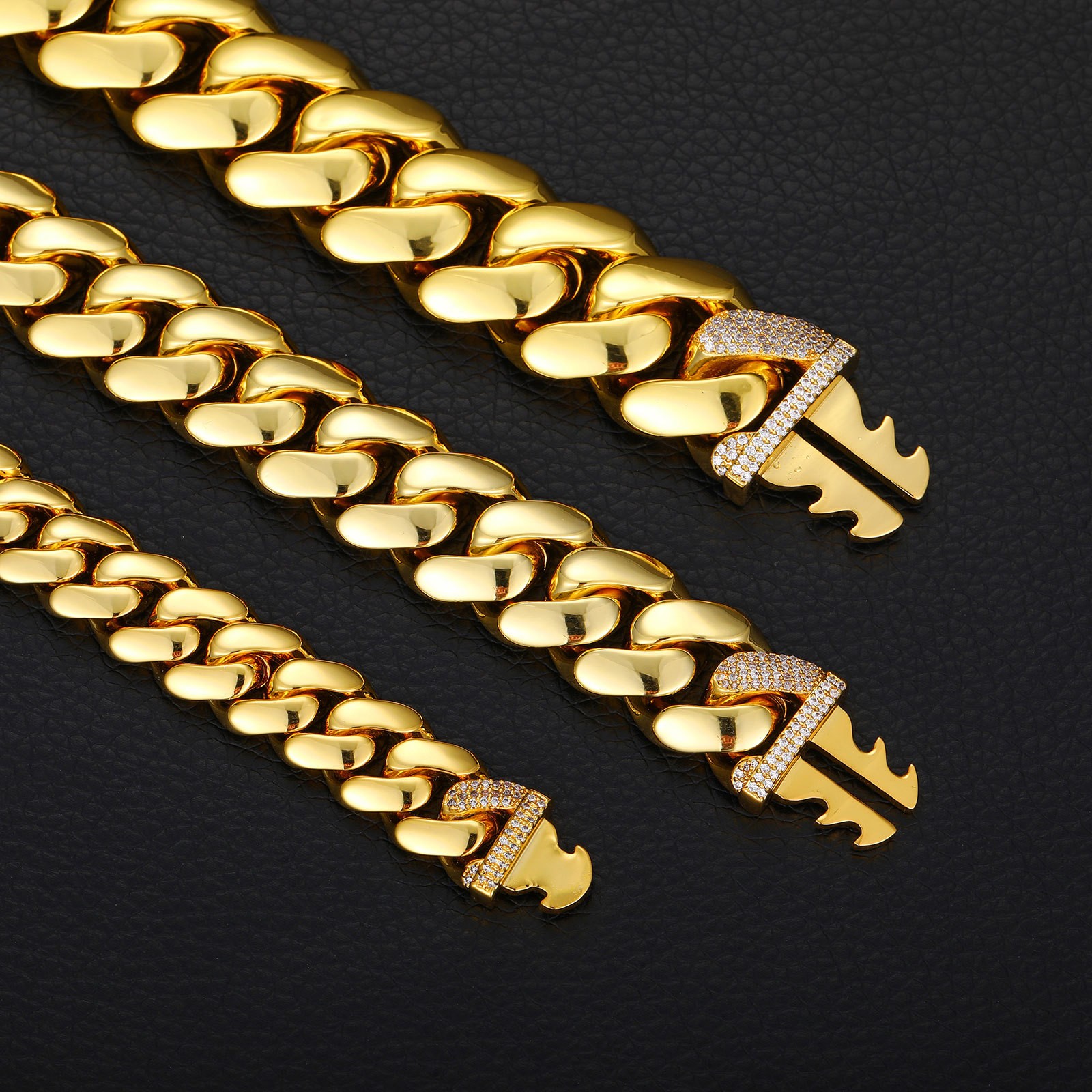 Hip Hop Glossy Miami Cuban Chain Necklace Bracelet 18K Real Gold Plated Jewelry