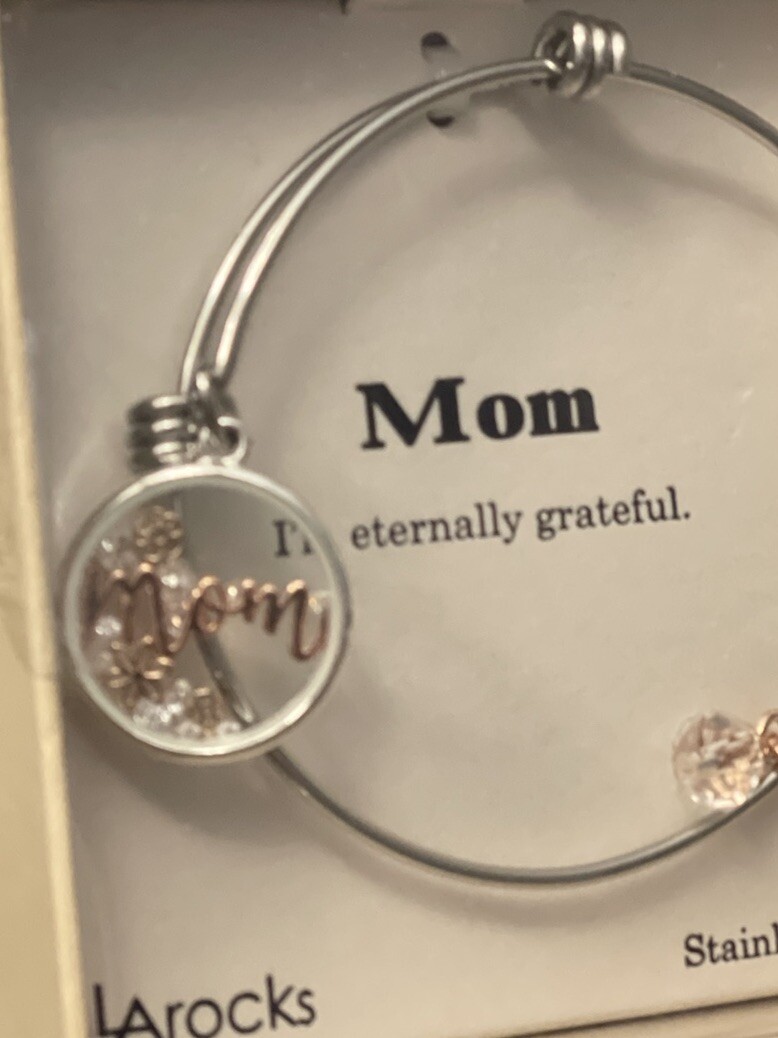 New Sealed Box LA Rocks Stainless Steel Bangle “Mom” Rose Gold & Silver Color