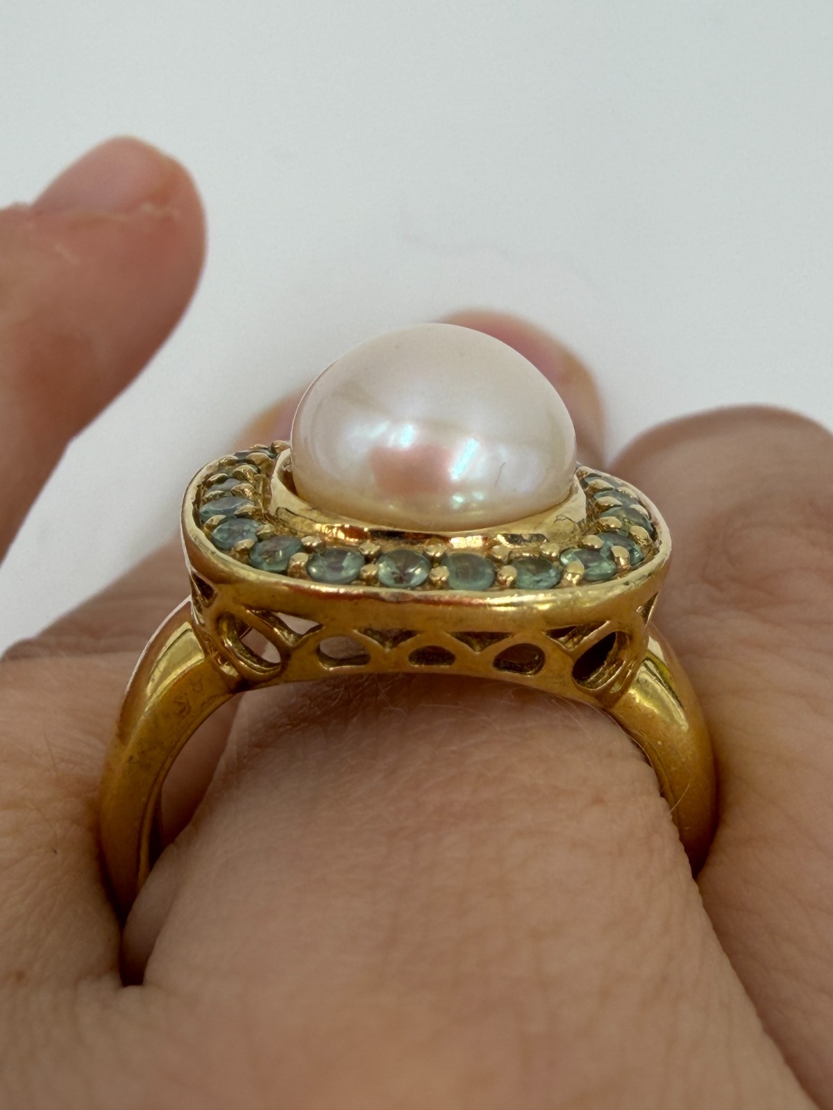 Sterling Silver Ring Vermeil Square Cocktail Blue Halo 9 PX