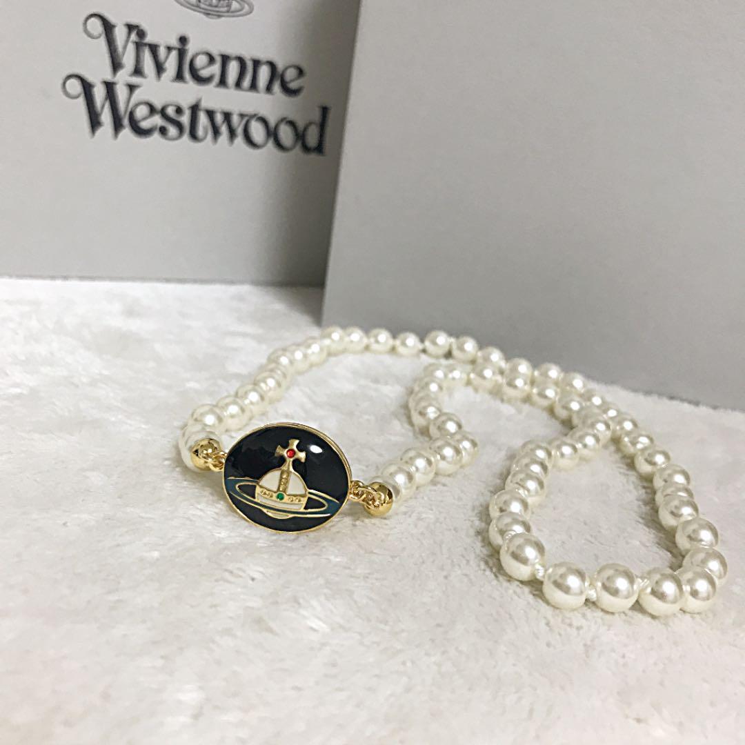 Vivienne Westwood Necklace Enamel Pearl Choker Black x Gold 40cm IN BOX