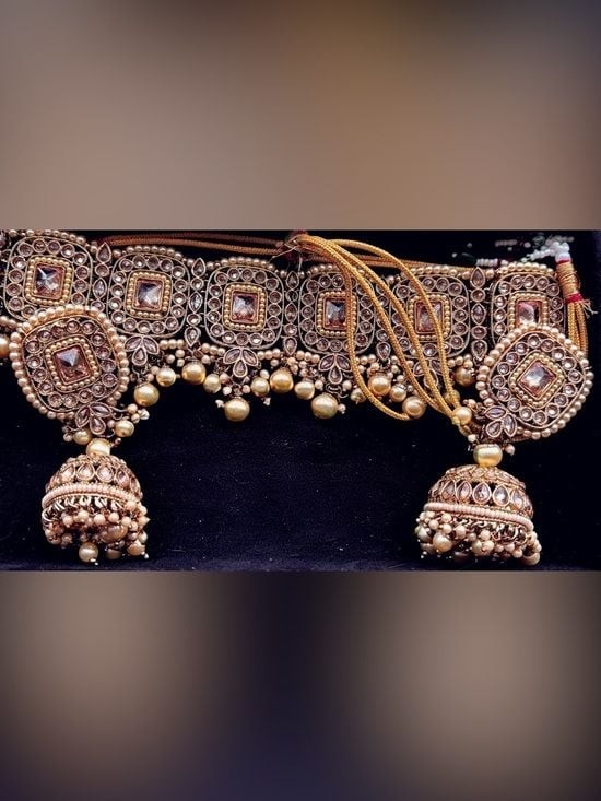 Gold-Tone Kundan and Pearl Bridal Choker Set