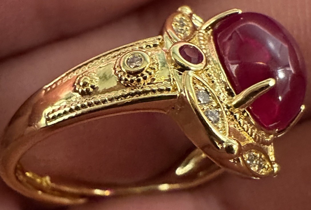 Yellow Gold Cocktail Ring Star Ruby Red Cabochon Prong Set, Size 8.5 Adjustable