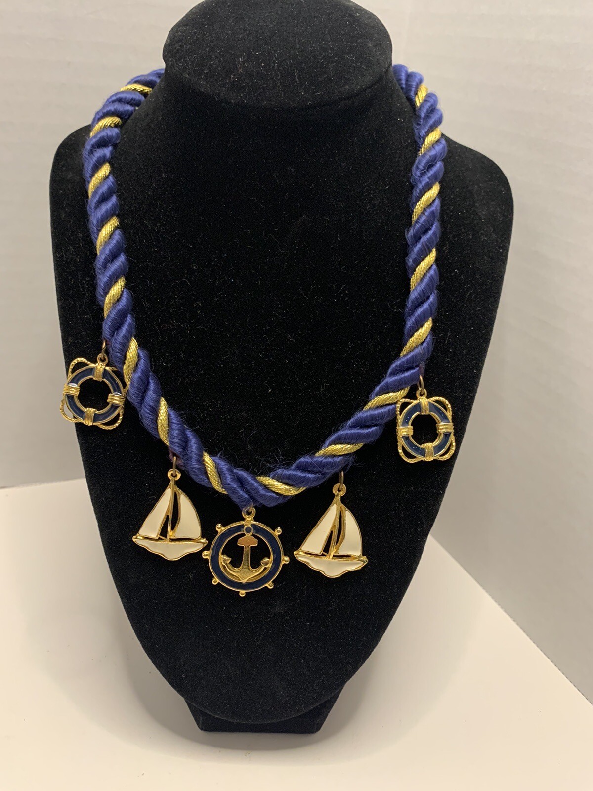 Nautical Navy & Gold Rope Collar Necklace w/ Sailboat & Anchor