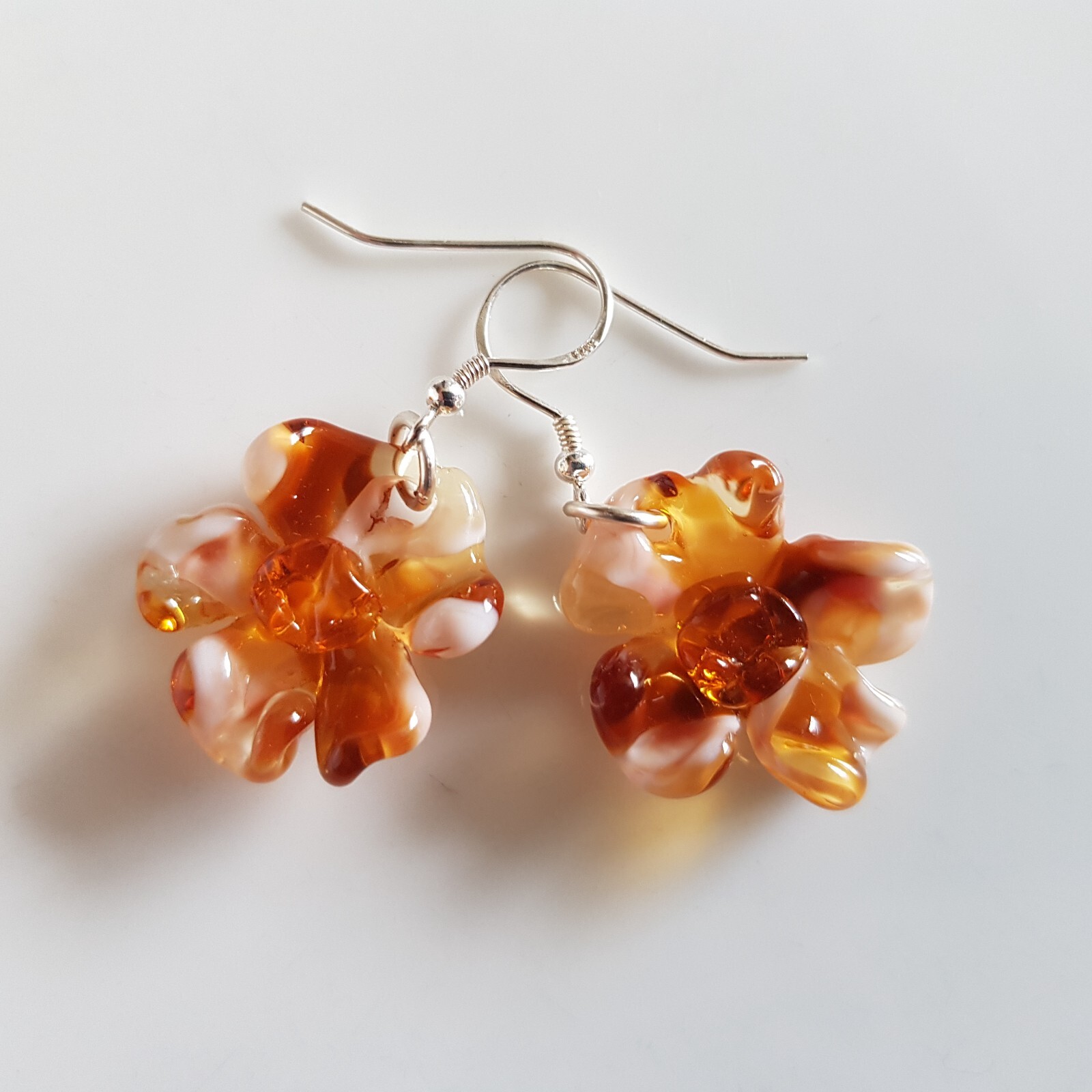 Dangle Drops Earrings Flowers Tea Brown Colors Murano Glass 925 Silver Hooks