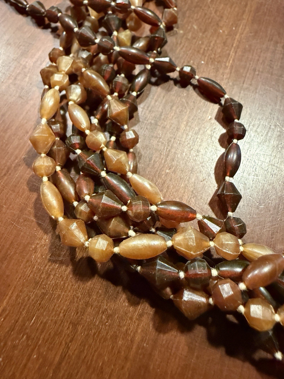 “Vintage Autumn Brown Multi-Strand Torsade Necklace Faceted Bicone & Barrel