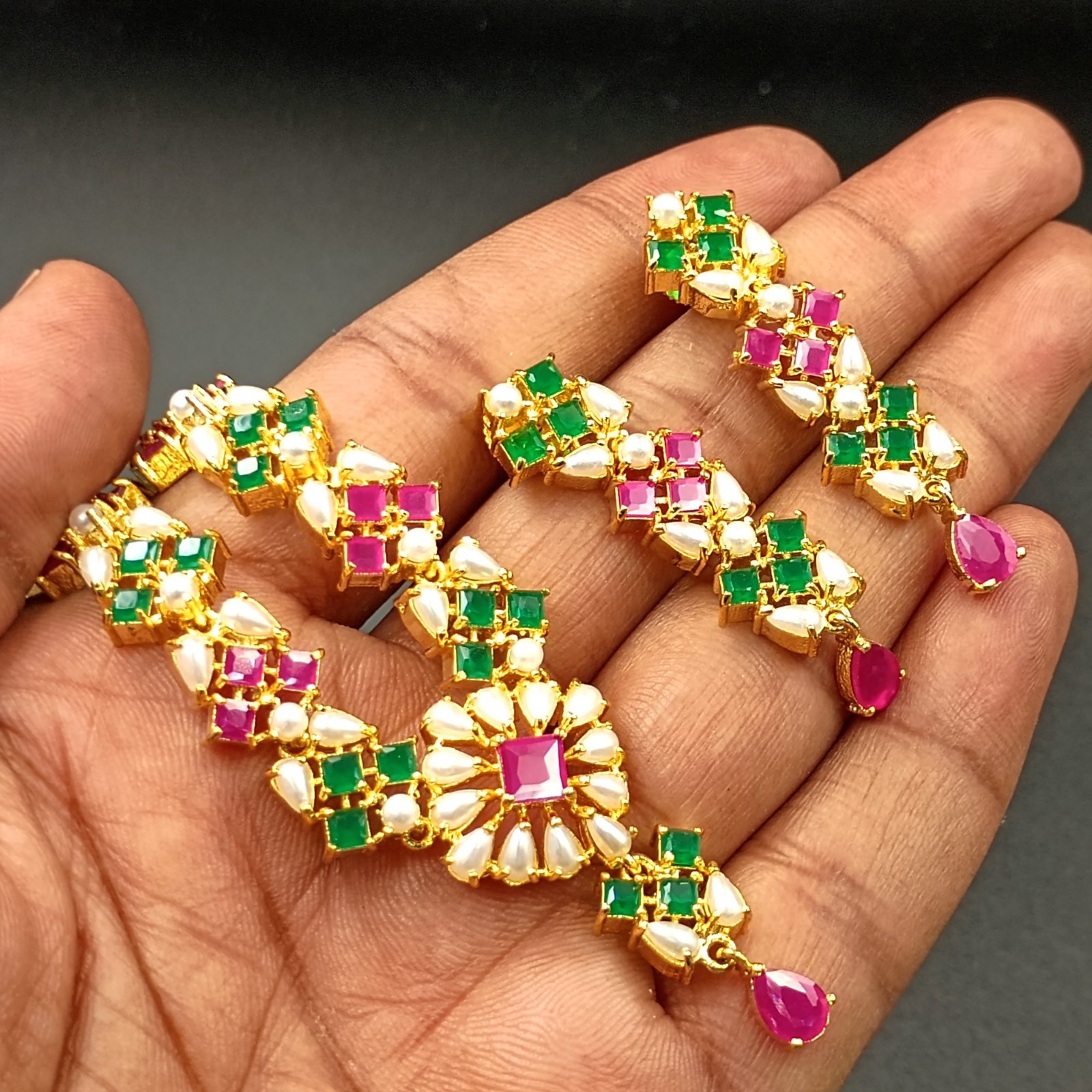 Bollywood Style Ruby Emerald Pearl 22K Gold Plated Jewelry Necklace Earrings Set